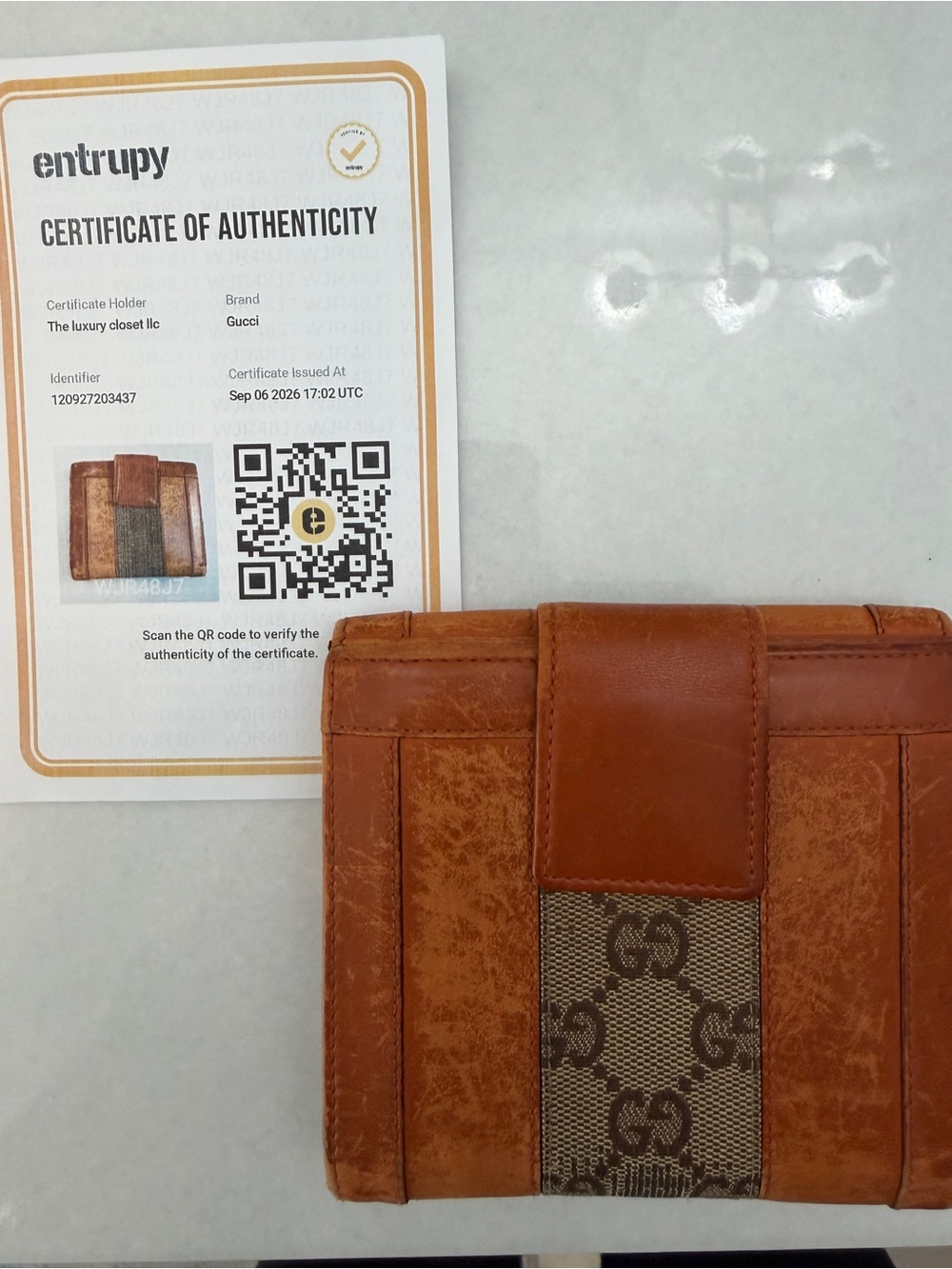 Vintage Gucci GG Canvas & Leather Trifold Wallet with COA — Brass Stud Detail